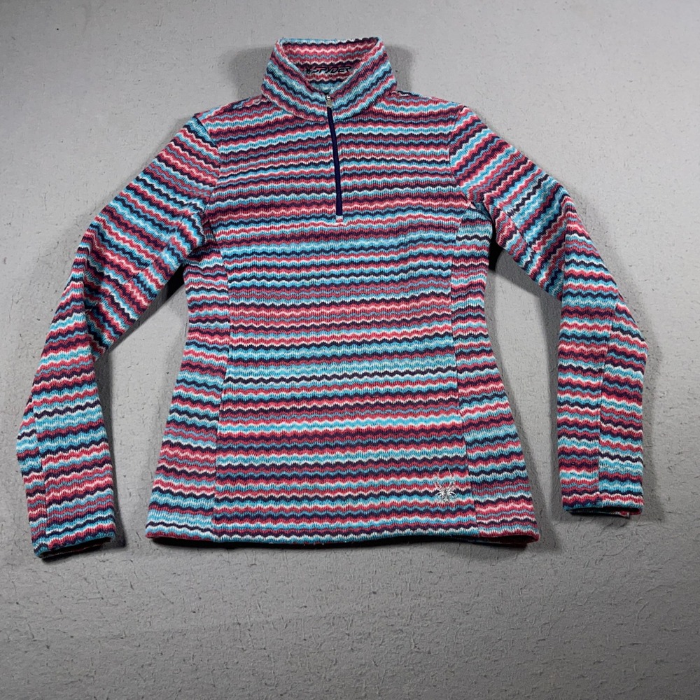 Spyder Fleece Pullover Women 10 Zigzag Stripe 1/4 Zip Blue Pink Warm Outdoor Ski